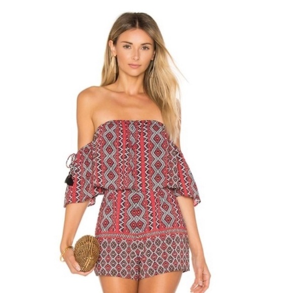 Ale By Alessandra X Revolve Gerarda Geometric Romper Off Shoulder Red Small Boho - Picture 1 of 12